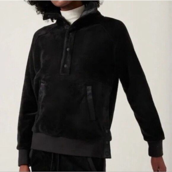 Athleta black recover cozy Sherpa snap front pullover fleece sweater xs - Picture 1 of 11